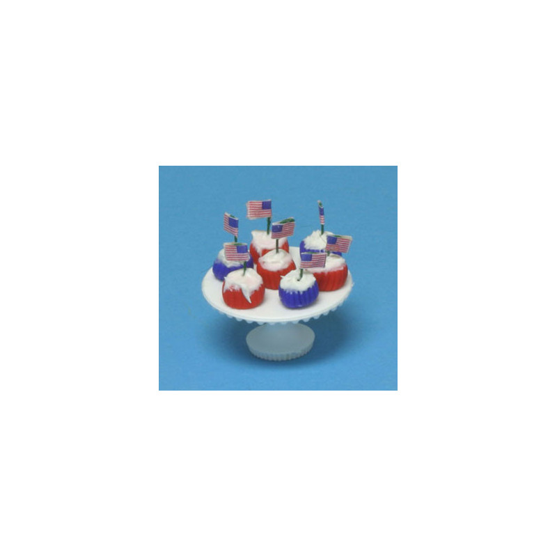 Patriotic Cupcakes With Flags On White Cake Stand