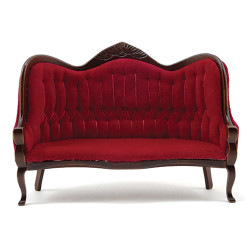 Victorian Sofa, Walnut with Red Velour Fabric