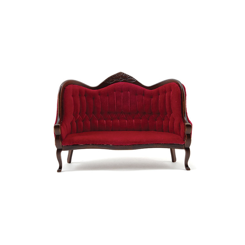 Victorian Sofa, Walnut with Red Velour Fabric