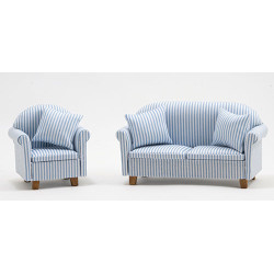 Sofa and Chair Set, Blue & White Stripe