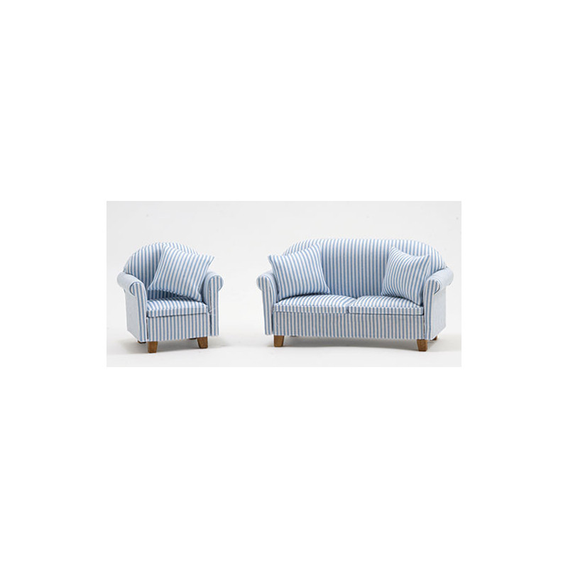 Sofa and Chair Set, Blue & White Stripe