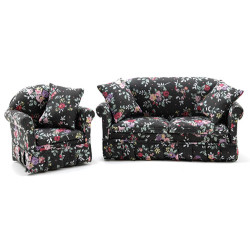 Sofa and Chair Set, Black Floral