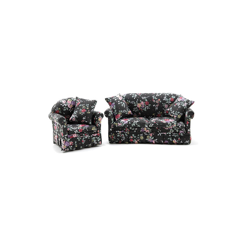 Sofa and Chair Set, Black Floral