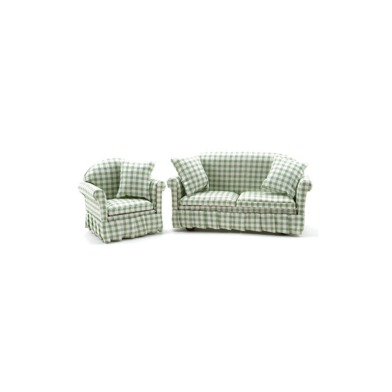 Sofa and Chair Set, Green & White Check
