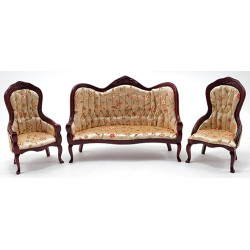 Victorian Sofa and Chair Set, 3pc, Mahogany, Floral Fabric