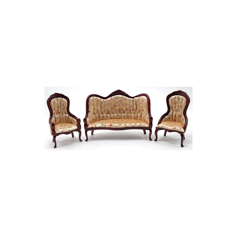 Victorian Sofa and Chair Set, 3pc, Mahogany, Floral Fabric