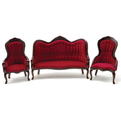 Victorian Sofa and Chair Set, 3Pc, Walnut,  Red Velour Fabric