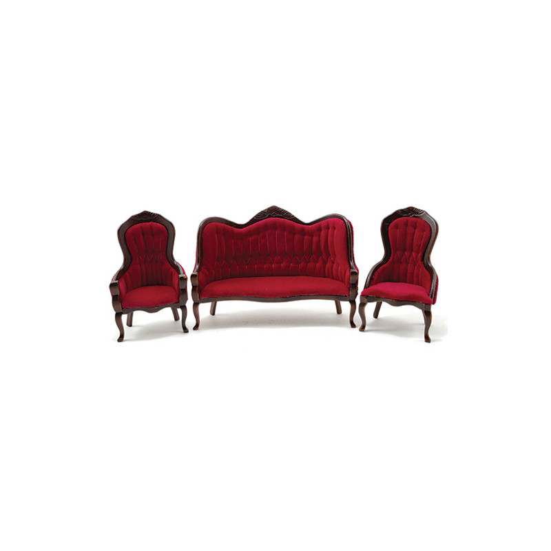 Victorian Sofa and Chair Set, 3Pc, Walnut,  Red Velour Fabric
