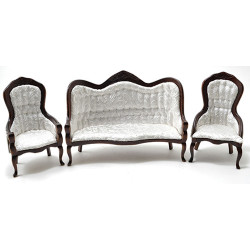 Victorian Sofa and Chair Set, 3Pc, Walnut, White Brocade Fabric