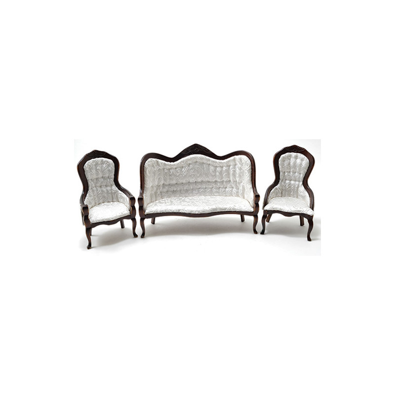 Victorian Sofa and Chair Set, 3Pc, Walnut, White Brocade Fabric