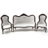 Victorian Sofa and Chair Set, 3Pc, Walnut, White Brocade Fabric