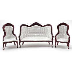 Victorian Sofa and Chair Set, 3Pc, Mahogany, White Brocade Fabric