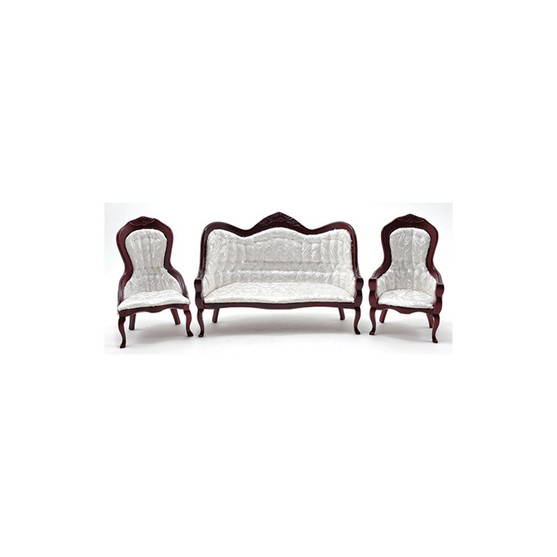 Victorian Sofa and Chair Set, 3Pc, Mahogany, White Brocade Fabric