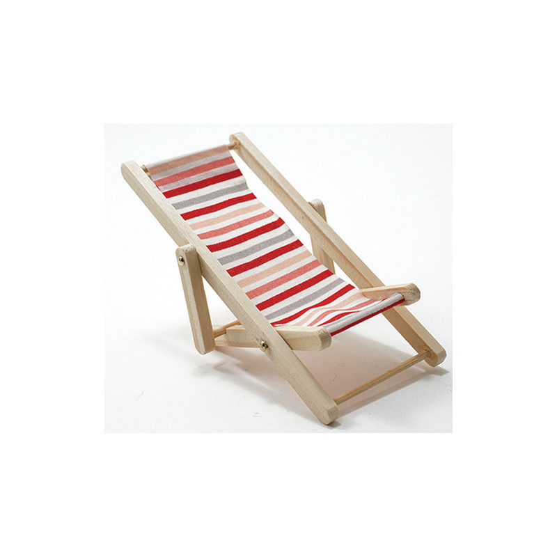 Beach Chair, Red/White/Pink Fabric, Natural Wood
