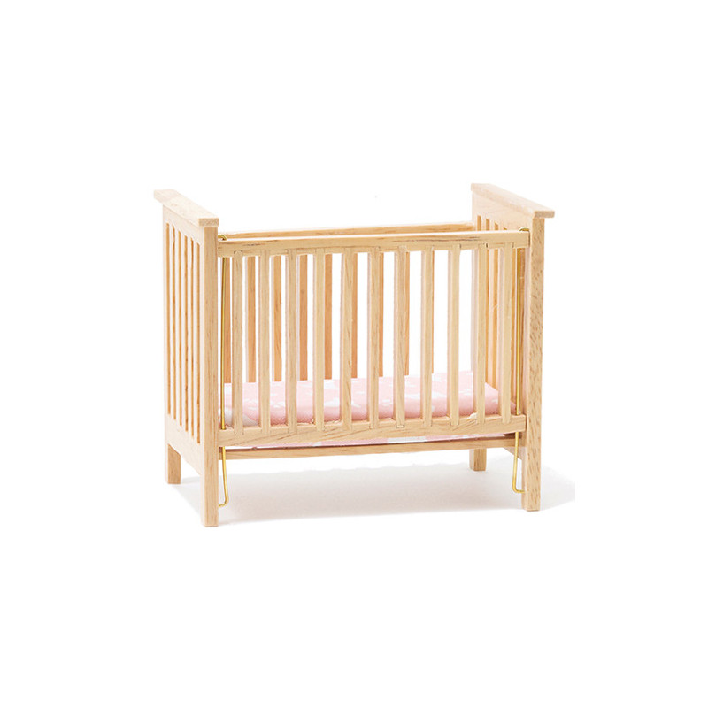Slatted Nursery Crib, Oak with Pink Fabric