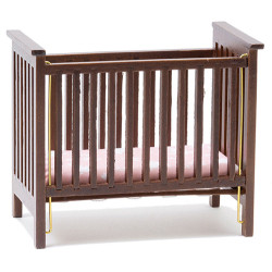 Slatted Nursery Crib, Walnut with Pink Fabric