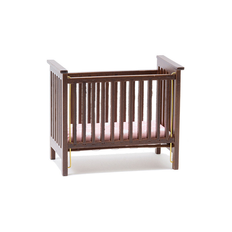 Slatted Nursery Crib, Walnut with Pink Fabric