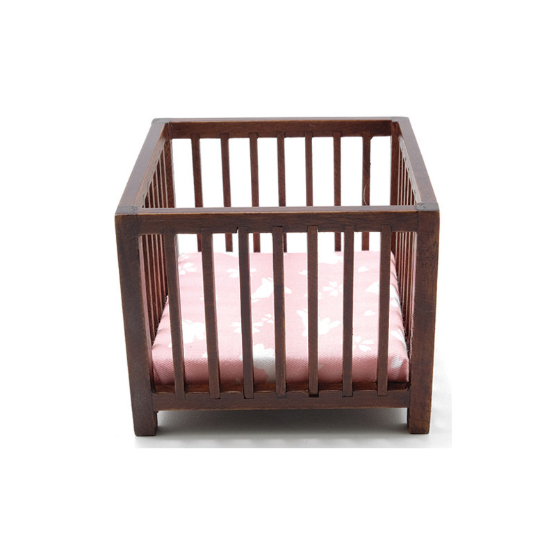 Slatted Play Pen, Walnut with Pink Fabric