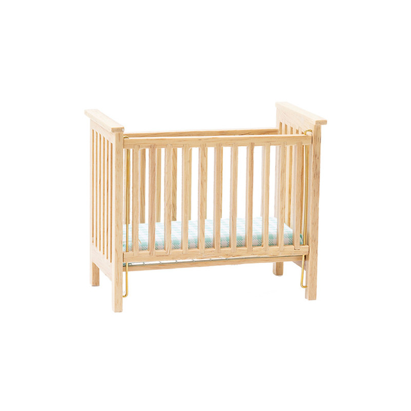 Slatted Nursery Crib, Oak with Blue Pattern Fabric
