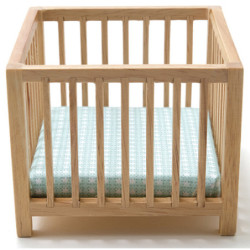 Slatted Play Pen, Oak with Blue Pattern Fabric