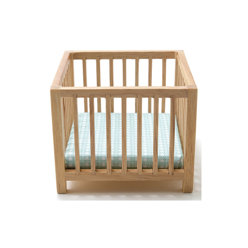 Slatted Play Pen, Oak with Blue Pattern Fabric