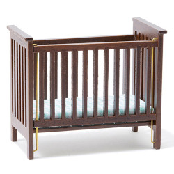 Slatted Nursery Crib, Walnut with Blue Pattern Fabric