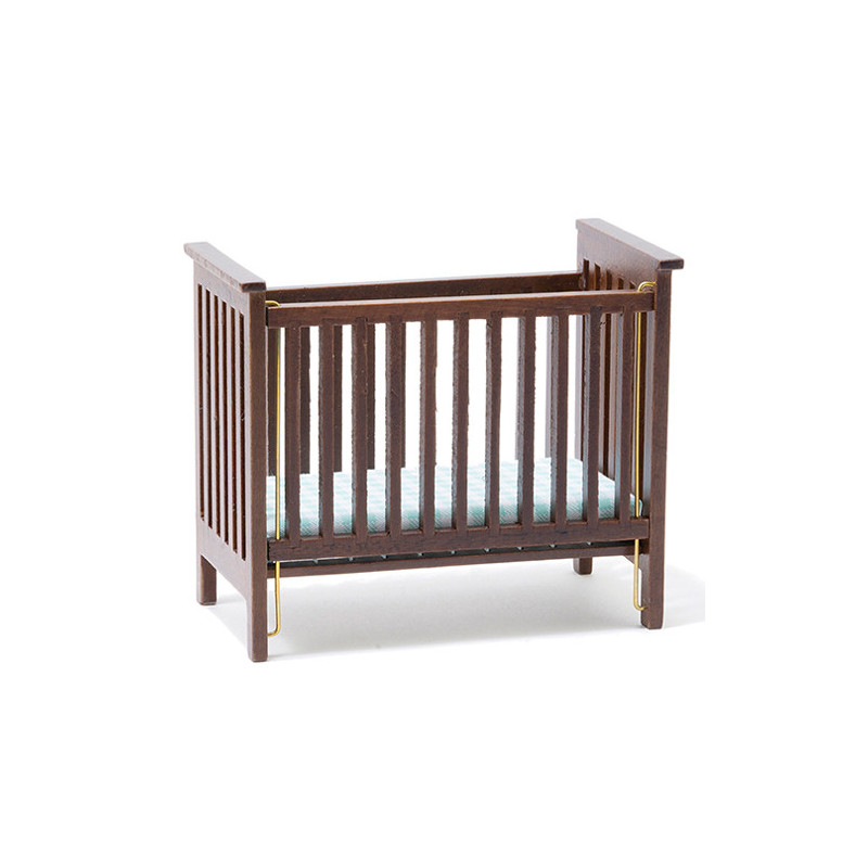 Slatted Nursery Crib, Walnut with Blue Pattern Fabric