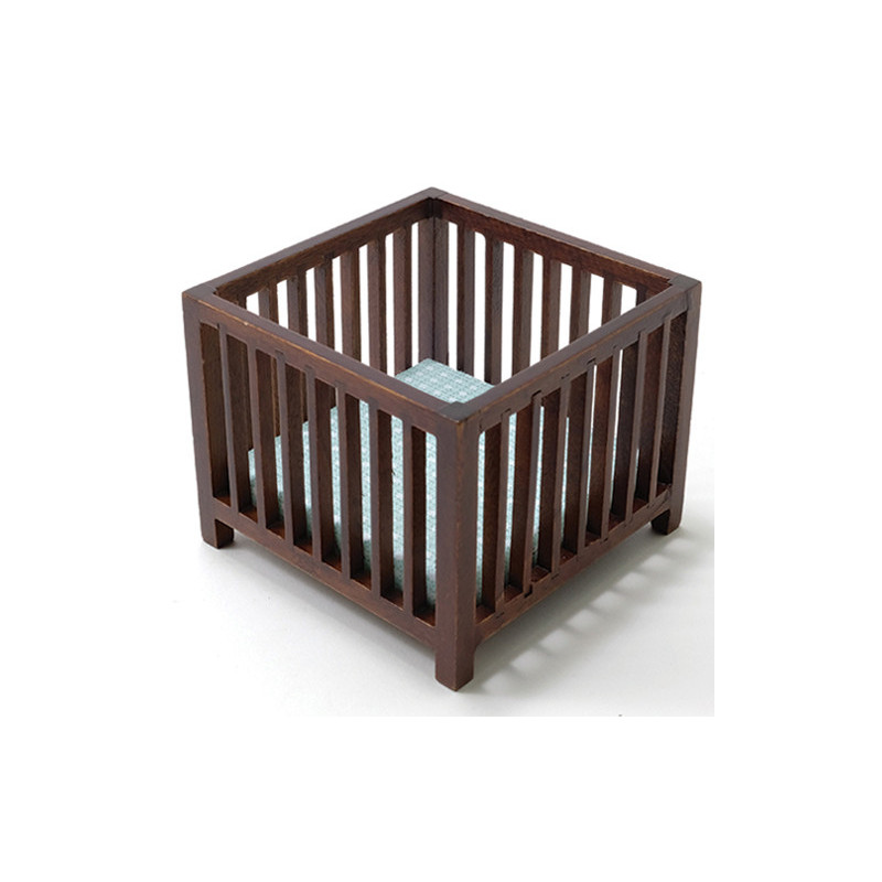 Slatted Play Pen, Oak with Blue Pattern Fabric