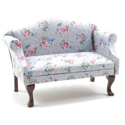 Sofa, Walnut with Gray Floral Fabric