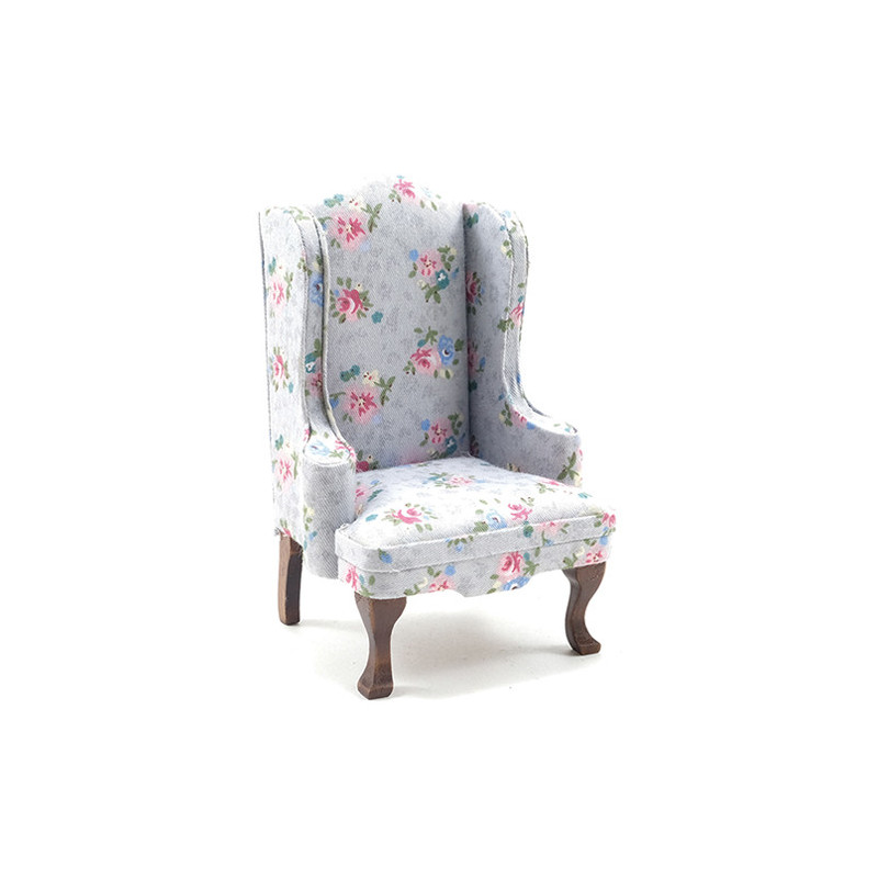 Chair, Walnut with Gray Floral Fabric