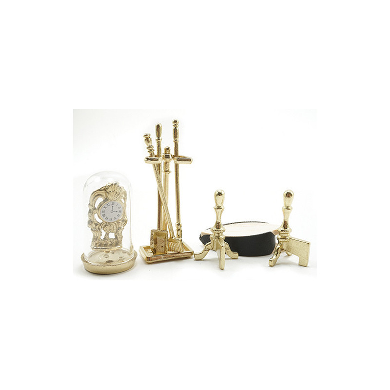 Brass Fireplace Accessories with Clock  8pc