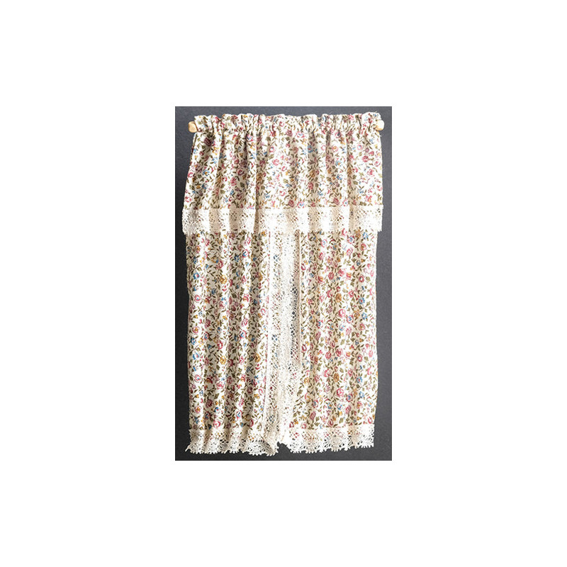 WINDOW DRAPE, FLORAL W/ LACE TRIM