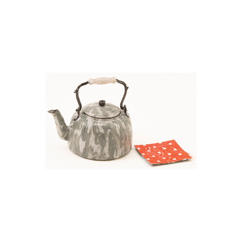 TEAKETTLE, GREY GRANITEWARE W/POTHOLDER