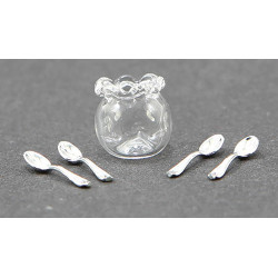 GLASS SPOONER WITH 4 TEASPOONS