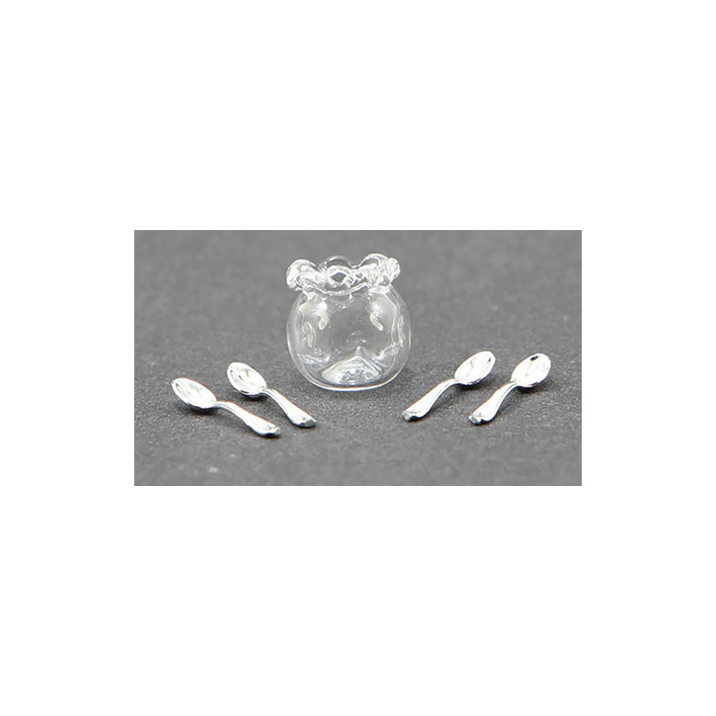 GLASS SPOONER WITH 4 TEASPOONS