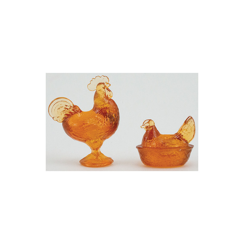 ROOSTER/HEN CANDY DISHES, AMBER