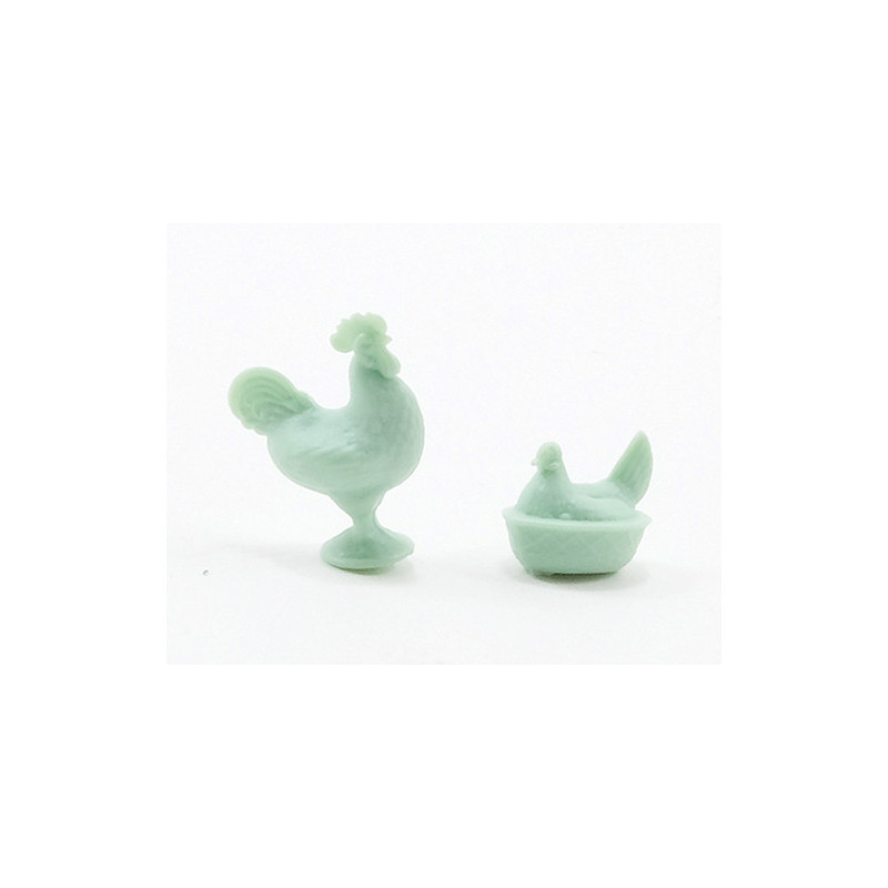 ROOSTER & HEN FIGURINES, JADITE