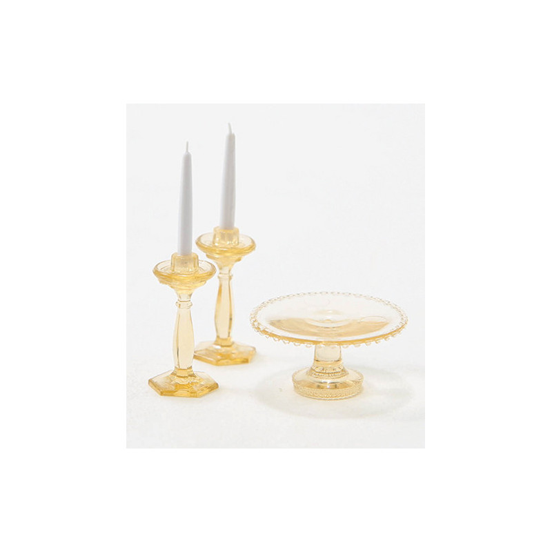 CAKE PLATE W/2 CANDLES, AMBER