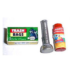 INSECT REPELLANT, FLASHLIGHT, TRASH BAGS