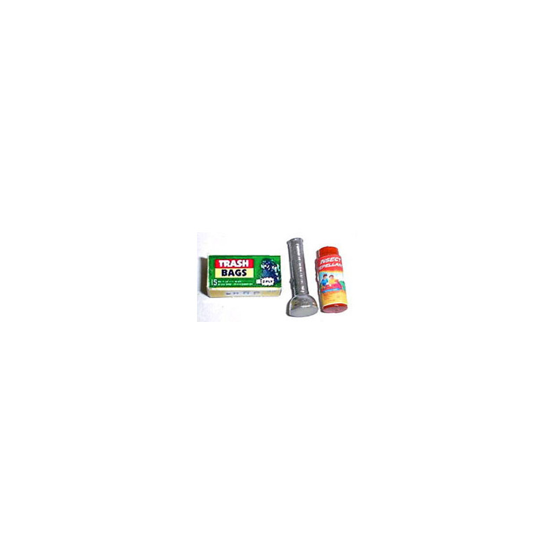 INSECT REPELLANT, FLASHLIGHT, TRASH BAGS