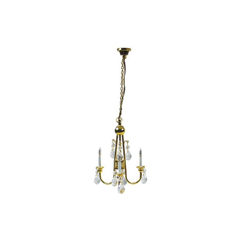 3-ARM BRASS, CRYSTAL CHANDELIER